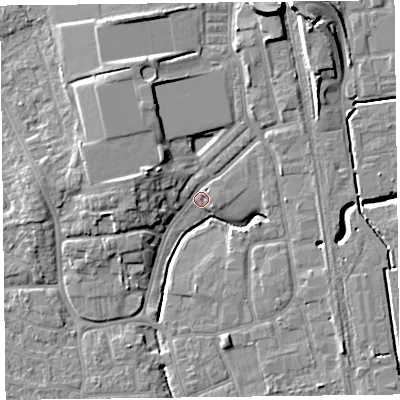 Shaded relief map of the ground around FY54JR, computed from Environment Agency LiDAR. The ground here sits at about 4 m above sea level and falls 10 m across the surrounding 800 m. Surface water reaching this point runs off ground lying to the west, 7.1 m higher.