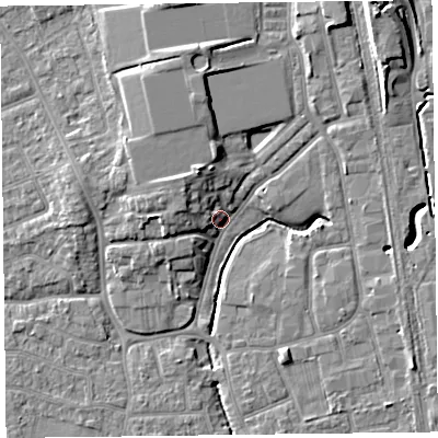 Shaded relief map of the ground around FY54JS, computed from Environment Agency LiDAR. The ground here sits at about 6 m above sea level and falls 9 m across the surrounding 800 m. Surface water reaching this point runs off ground lying to the north-west, 7.1 m higher.