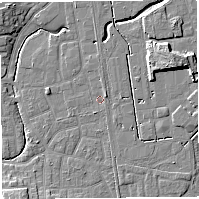 Shaded relief map of the ground around FY54JT, computed from Environment Agency LiDAR. The ground here sits at about 5 m above sea level and falls 11 m across the surrounding 800 m. Surface water reaching this point runs off ground lying to the east-north-east, 1.9 m higher.