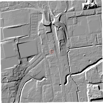 Shaded relief map of the ground around FY54JX, computed from Environment Agency LiDAR. The ground here sits at about 6 m above sea level and falls 13 m across the surrounding 800 m. Surface water reaching this point runs off ground lying to the north, 3.1 m higher.
