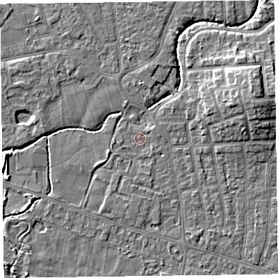 Shaded relief map of the ground around FY54JZ, computed from Environment Agency LiDAR. The ground here sits at about 4 m above sea level and falls 9 m across the surrounding 800 m. Surface water reaching this point runs off ground lying to the south, 1.2 m higher.