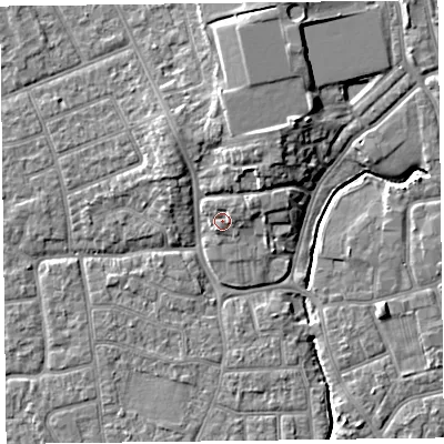 Shaded relief map of the ground around FY54LA, computed from Environment Agency LiDAR. The ground here sits at about 6 m above sea level and falls 7 m across the surrounding 800 m. Surface water reaching this point runs off ground lying to the north-east, 1.0 m higher.