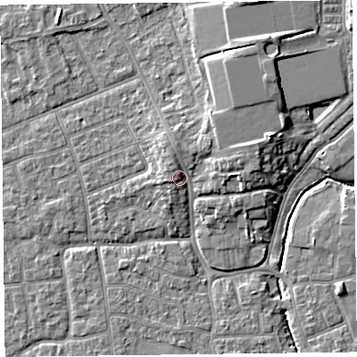 Shaded relief map of the ground around FY54LB, computed from Environment Agency LiDAR. The ground here sits at about 7 m above sea level and falls 7 m across the surrounding 800 m. Surface water reaching this point runs off ground lying to the north-north-west, 1.9 m higher.