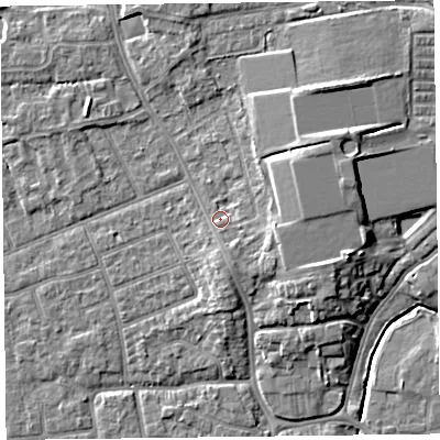 Shaded relief map of the ground around FY54LD, computed from Environment Agency LiDAR. The ground here sits at about 6 m above sea level and falls 7 m across the surrounding 800 m. Surface water reaching this point runs off ground lying to the east-south-east, 3.0 m higher.