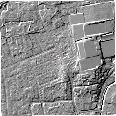 Shaded relief map of the ground around FY54LE, computed from Environment Agency LiDAR. The ground here sits at about 6 m above sea level and falls 7 m across the surrounding 800 m. Surface water reaching this point runs off ground lying to the east, 3.0 m higher.