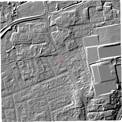 Shaded relief map of the ground around FY54LF, computed from Environment Agency LiDAR. The ground here sits at about 5 m above sea level and falls 7 m across the surrounding 800 m. Surface water reaching this point runs off ground lying to the east, 4.0 m higher.