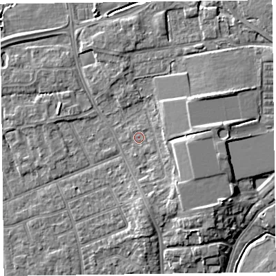 Shaded relief map of the ground around FY54LG, computed from Environment Agency LiDAR. The ground here sits at about 6 m above sea level and falls 7 m across the surrounding 800 m. Surface water reaching this point runs off ground lying to the east, 3.8 m higher.