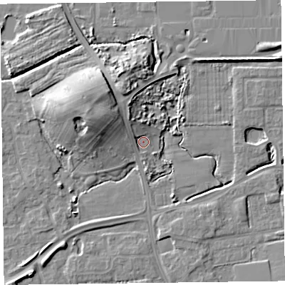Shaded relief map of the ground around FY54LH, computed from Environment Agency LiDAR. The ground here sits at about 6 m above sea level and falls 11 m across the surrounding 800 m. Surface water reaching this point runs off ground lying to the north-north-west, 4.5 m higher.