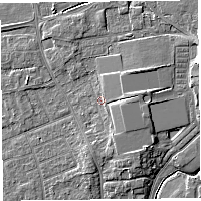 Shaded relief map of the ground around FY54LL, computed from Environment Agency LiDAR. The ground here sits at about 6 m above sea level and falls 8 m across the surrounding 800 m. Surface water reaching this point runs off ground lying to the east, 3.5 m higher.