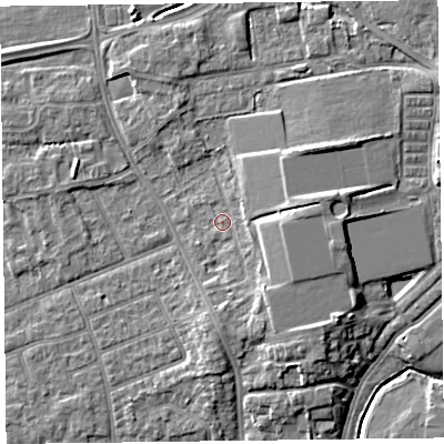 Shaded relief map of the ground around FY54LN, computed from Environment Agency LiDAR. The ground here sits at about 6 m above sea level and falls 7 m across the surrounding 800 m. Surface water reaching this point runs off ground lying to the east-north-east, 3.7 m higher.