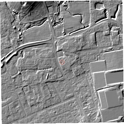 Shaded relief map of the ground around FY54LP, computed from Environment Agency LiDAR. The ground here sits at about 6 m above sea level and falls 10 m across the surrounding 800 m. Surface water reaching this point runs off ground lying to the east-north-east, 1.8 m higher.