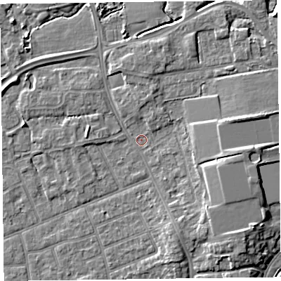 Shaded relief map of the ground around FY54LQ, computed from Environment Agency LiDAR. The ground here sits at about 5 m above sea level and falls 7 m across the surrounding 800 m. Surface water reaching this point runs off ground lying to the east, 4.3 m higher.