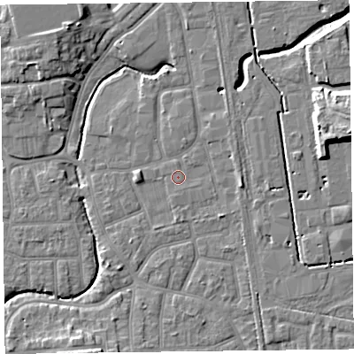 Shaded relief map of the ground around FY54LR, computed from Environment Agency LiDAR. The ground here sits at about 5 m above sea level and falls 10 m across the surrounding 800 m. Surface water reaching this point runs off ground lying to the east, 2.2 m higher.