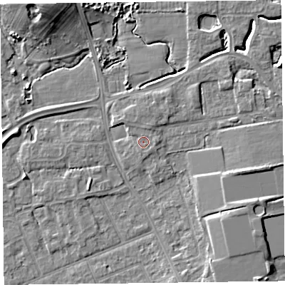 Shaded relief map of the ground around FY54LS, computed from Environment Agency LiDAR. The ground here sits at about 6 m above sea level and falls 12 m across the surrounding 800 m. Surface water reaching this point runs off ground lying to the east, 1.0 m higher.