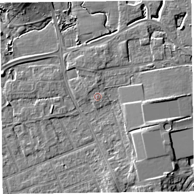 Shaded relief map of the ground around FY54LT, computed from Environment Agency LiDAR. The ground here sits at about 6 m above sea level and falls 7 m across the surrounding 800 m. Surface water reaching this point runs off ground lying to the north-north-west, 0.9 m higher.