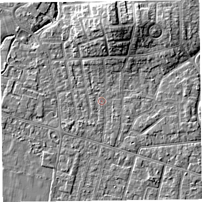 Shaded relief map of the ground around FY54LU, computed from Environment Agency LiDAR. The ground here sits at about 4 m above sea level and falls 9 m across the surrounding 800 m. Surface water reaching this point runs off ground lying to the north, 6.9 m higher.