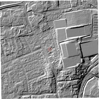 Shaded relief map of the ground around FY54LW, computed from Environment Agency LiDAR. The ground here sits at about 6 m above sea level and falls 7 m across the surrounding 800 m. Surface water reaching this point runs off ground lying to the east-south-east, 3.4 m higher.