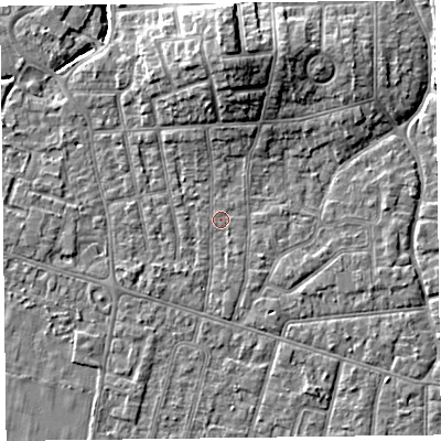 Shaded relief map of the ground around FY54LX, computed from Environment Agency LiDAR. The ground here sits at about 4 m above sea level and falls 9 m across the surrounding 800 m. Surface water reaching this point runs off ground lying to the north, 6.9 m higher.