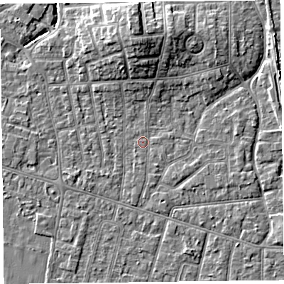 Shaded relief map of the ground around FY54LY, computed from Environment Agency LiDAR. The ground here sits at about 5 m above sea level and falls 8 m across the surrounding 800 m. Surface water reaching this point runs off ground lying to the north, 6.9 m higher.