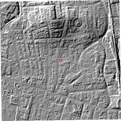Shaded relief map of the ground around FY54LZ, computed from Environment Agency LiDAR. The ground here sits at about 4 m above sea level and falls 9 m across the surrounding 800 m. Surface water reaching this point runs off ground lying to the north, 7.6 m higher.