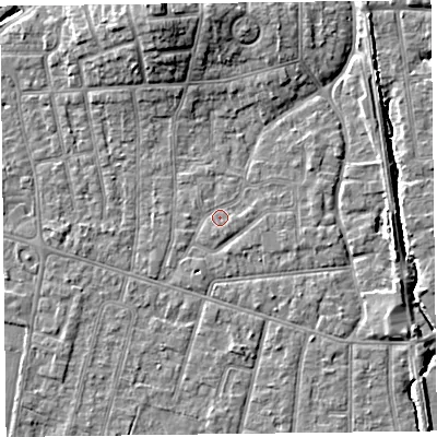 Shaded relief map of the ground around FY54NA, computed from Environment Agency LiDAR. The ground here sits at about 5 m above sea level and falls 9 m across the surrounding 800 m. Surface water reaching this point runs off ground lying to the east-south-east, 1.3 m higher.