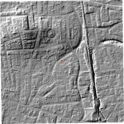 Shaded relief map of the ground around FY54NB, computed from Environment Agency LiDAR. The ground here sits at about 4 m above sea level and falls 9 m across the surrounding 800 m. Surface water reaching this point runs off ground lying to the north-north-west, 5.9 m higher.