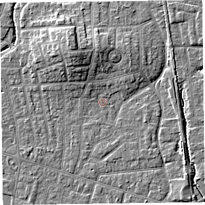 Shaded relief map of the ground around FY54ND, computed from Environment Agency LiDAR. The ground here sits at about 5 m above sea level and falls 9 m across the surrounding 800 m. Surface water reaching this point runs off ground lying to the north-north-west, 7.6 m higher.