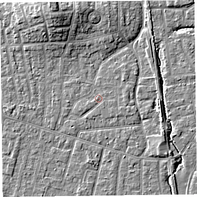 Shaded relief map of the ground around FY54NE, computed from Environment Agency LiDAR. The ground here sits at about 5 m above sea level and falls 9 m across the surrounding 800 m. Surface water reaching this point runs off ground lying to the south-east, 0.7 m higher.