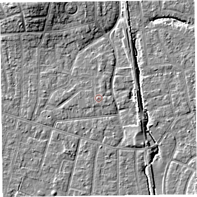 Shaded relief map of the ground around FY54NF, computed from Environment Agency LiDAR. The ground here sits at about 5 m above sea level and falls 8 m across the surrounding 800 m. The ground contributing surface water to this point lies to the west.