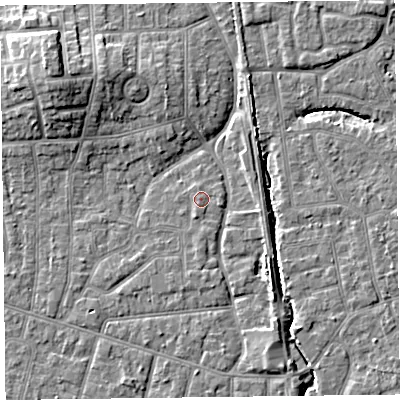 Shaded relief map of the ground around FY54NG, computed from Environment Agency LiDAR. The ground here sits at about 5 m above sea level and falls 9 m across the surrounding 800 m. Surface water reaching this point runs off ground lying to the west-north-west, 0.7 m higher.