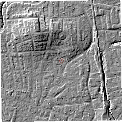 Shaded relief map of the ground around FY54NH, computed from Environment Agency LiDAR. The ground here sits at about 4 m above sea level and falls 9 m across the surrounding 800 m. Surface water reaching this point runs off ground lying to the north-north-west, 6.0 m higher.