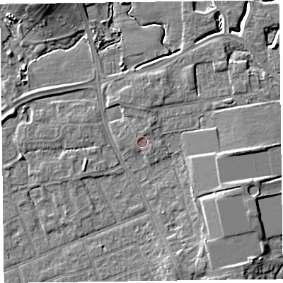 Shaded relief map of the ground around FY54NL, computed from Environment Agency LiDAR. The ground here sits at about 6 m above sea level and falls 9 m across the surrounding 800 m. Surface water reaching this point runs off ground lying to the north, 0.9 m higher.