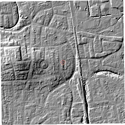 Shaded relief map of the ground around FY54NN, computed from Environment Agency LiDAR. The ground here sits at about 6 m above sea level and falls 9 m across the surrounding 800 m. Surface water reaching this point runs off ground lying to the south, 1.2 m higher.