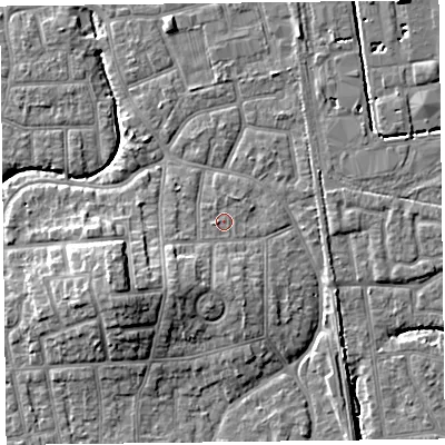 Shaded relief map of the ground around FY54NP, computed from Environment Agency LiDAR. The ground here sits at about 5 m above sea level and falls 9 m across the surrounding 800 m. Surface water reaching this point runs off ground lying to the south-west, 4.0 m higher.