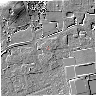 Shaded relief map of the ground around FY54NQ, computed from Environment Agency LiDAR. The ground here sits at about 7 m above sea level and falls 12 m across the surrounding 800 m. The ground contributing surface water to this point lies to the south-east.