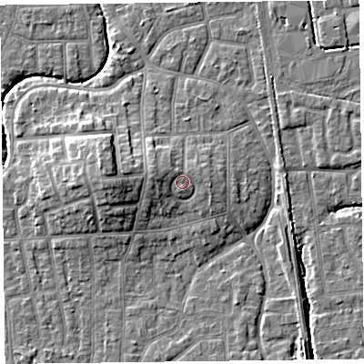 Shaded relief map of the ground around FY54NR, computed from Environment Agency LiDAR. The ground here sits at about 7 m above sea level and falls 9 m across the surrounding 800 m. Surface water reaching this point runs off ground lying to the north-west, 1.3 m higher.