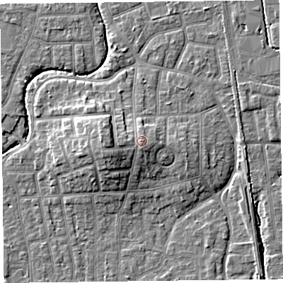 Shaded relief map of the ground around FY54NS, computed from Environment Agency LiDAR. The ground here sits at about 9 m above sea level and falls 9 m across the surrounding 800 m. Surface water reaching this point runs off ground lying to the south-south-west, 1.1 m higher.