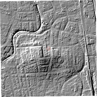 Shaded relief map of the ground around FY54NT, computed from Environment Agency LiDAR. The ground here sits at about 7 m above sea level and falls 9 m across the surrounding 800 m. Surface water reaching this point runs off ground lying to the south-south-west, 3.6 m higher.