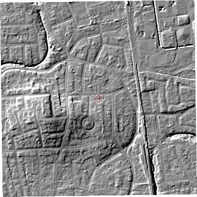 Shaded relief map of the ground around FY54NW, computed from Environment Agency LiDAR. The ground here sits at about 6 m above sea level and falls 9 m across the surrounding 800 m. Surface water reaching this point runs off ground lying to the west-south-west, 4.0 m higher.