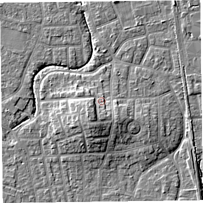 Shaded relief map of the ground around FY54NY, computed from Environment Agency LiDAR. The ground here sits at about 7 m above sea level and falls 9 m across the surrounding 800 m. Surface water reaching this point runs off ground lying to the south-west, 4.5 m higher.