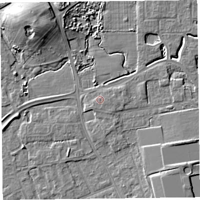 Shaded relief map of the ground around FY54NZ, computed from Environment Agency LiDAR. The ground here sits at about 7 m above sea level and falls 11 m across the surrounding 800 m. Surface water reaching this point runs off ground lying to the east, 1.0 m higher.