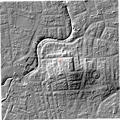Shaded relief map of the ground around FY54PA, computed from Environment Agency LiDAR. The ground here sits at about 9 m above sea level and falls 9 m across the surrounding 800 m. Surface water reaching this point runs off ground lying to the south-east, 4.5 m higher.