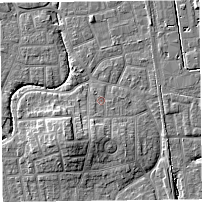 Shaded relief map of the ground around FY54PB, computed from Environment Agency LiDAR. The ground here sits at about 5 m above sea level and falls 9 m across the surrounding 800 m. Surface water reaching this point runs off ground lying to the south-south-west, 4.2 m higher.