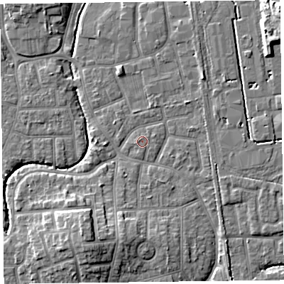 Shaded relief map of the ground around FY54PD, computed from Environment Agency LiDAR. The ground here sits at about 5 m above sea level and falls 9 m across the surrounding 800 m. Surface water reaching this point runs off ground lying to the east-north-east, 0.6 m higher.