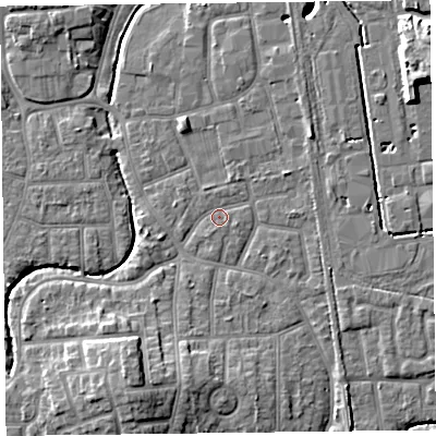 Shaded relief map of the ground around FY54PE, computed from Environment Agency LiDAR. The ground here sits at about 5 m above sea level and falls 9 m across the surrounding 800 m. Surface water reaching this point runs off ground lying to the east-north-east, 1.4 m higher.
