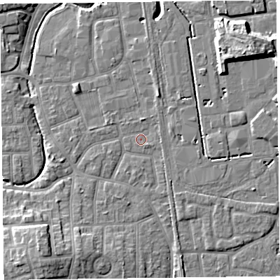 Shaded relief map of the ground around FY54PF, computed from Environment Agency LiDAR. The ground here sits at about 5 m above sea level and falls 11 m across the surrounding 800 m. Surface water reaching this point runs off ground lying to the north, 1.4 m higher.