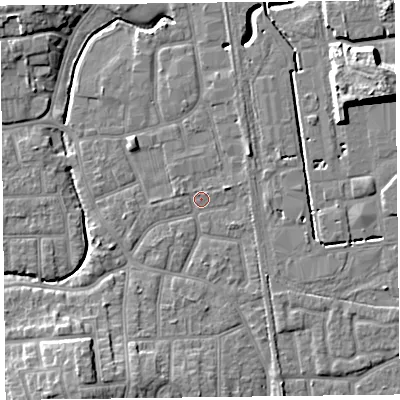 Shaded relief map of the ground around FY54PG, computed from Environment Agency LiDAR. The ground here sits at about 5 m above sea level and falls 11 m across the surrounding 800 m. Surface water reaching this point runs off ground lying to the east-north-east, 1.3 m higher.