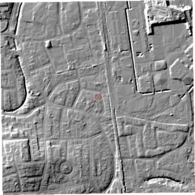 Shaded relief map of the ground around FY54PH, computed from Environment Agency LiDAR. The ground here sits at about 5 m above sea level and falls 11 m across the surrounding 800 m. Surface water reaching this point runs off ground lying to the north-north-east, 0.9 m higher.