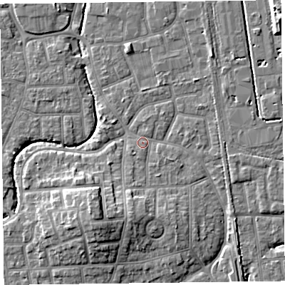 Shaded relief map of the ground around FY54PJ, computed from Environment Agency LiDAR. The ground here sits at about 5 m above sea level and falls 9 m across the surrounding 800 m. Surface water reaching this point runs off ground lying to the south, 4.6 m higher.