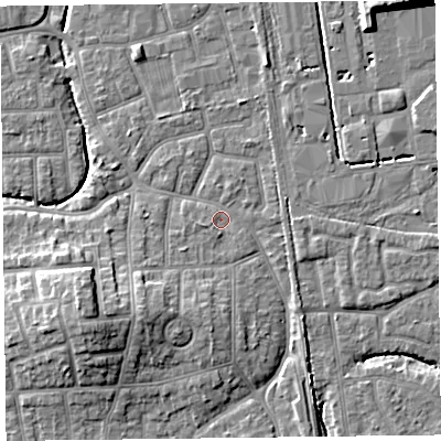 Shaded relief map of the ground around FY54PL, computed from Environment Agency LiDAR. The ground here sits at about 5 m above sea level and falls 10 m across the surrounding 800 m. Surface water reaching this point runs off ground lying to the south, 0.7 m higher.